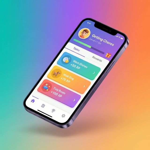 Chore Wars app interface showing gamified chore tracking with XP, calendar view, and reward system